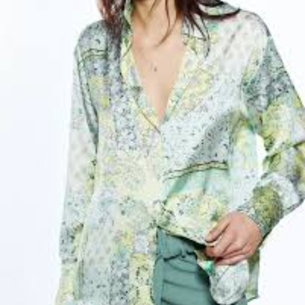 ✅ Zara Green Blue Paisley Satin Blouse Shirt Size MEDIUM LONG SLEEVE